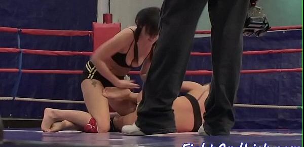  Tattooed babes wrestling in a boxing ring